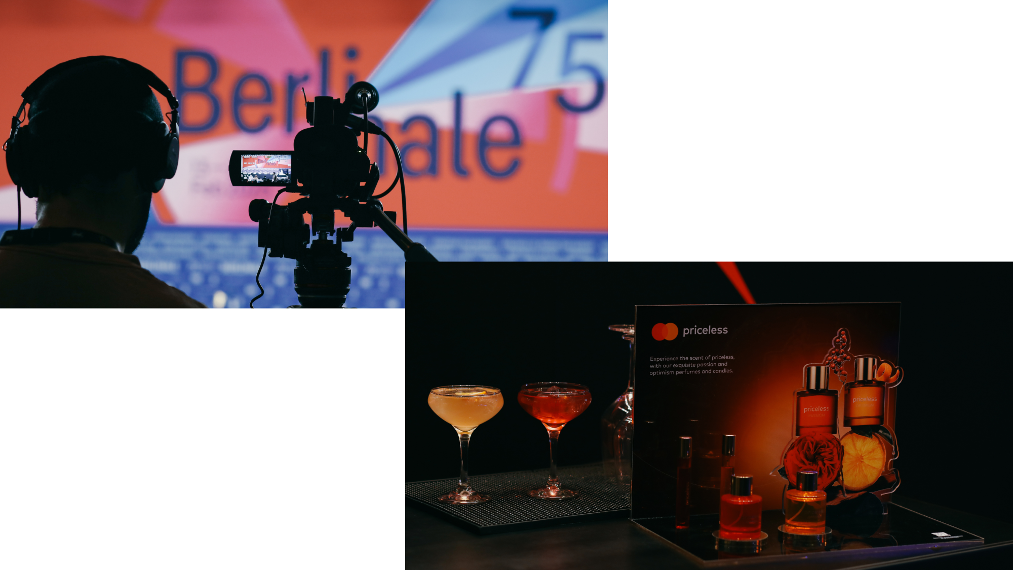 links: ein Kameramann der die Pressekonferenz filmt und rechts die Mastercard Scented Drinks