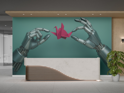 Eine Messerückwand mit Tresen davor