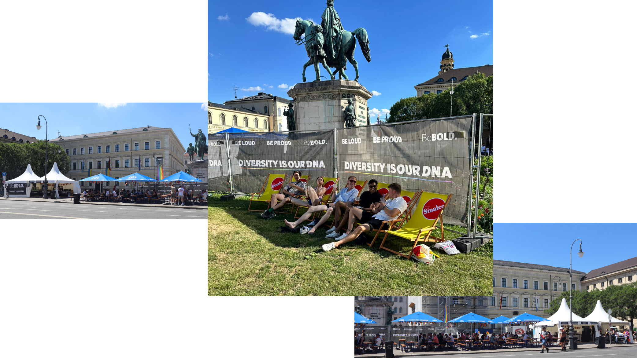 links und rechts der Biergarten und in der Mitte die Chill-Area mit Liegestühlen und BeBOLD Branding