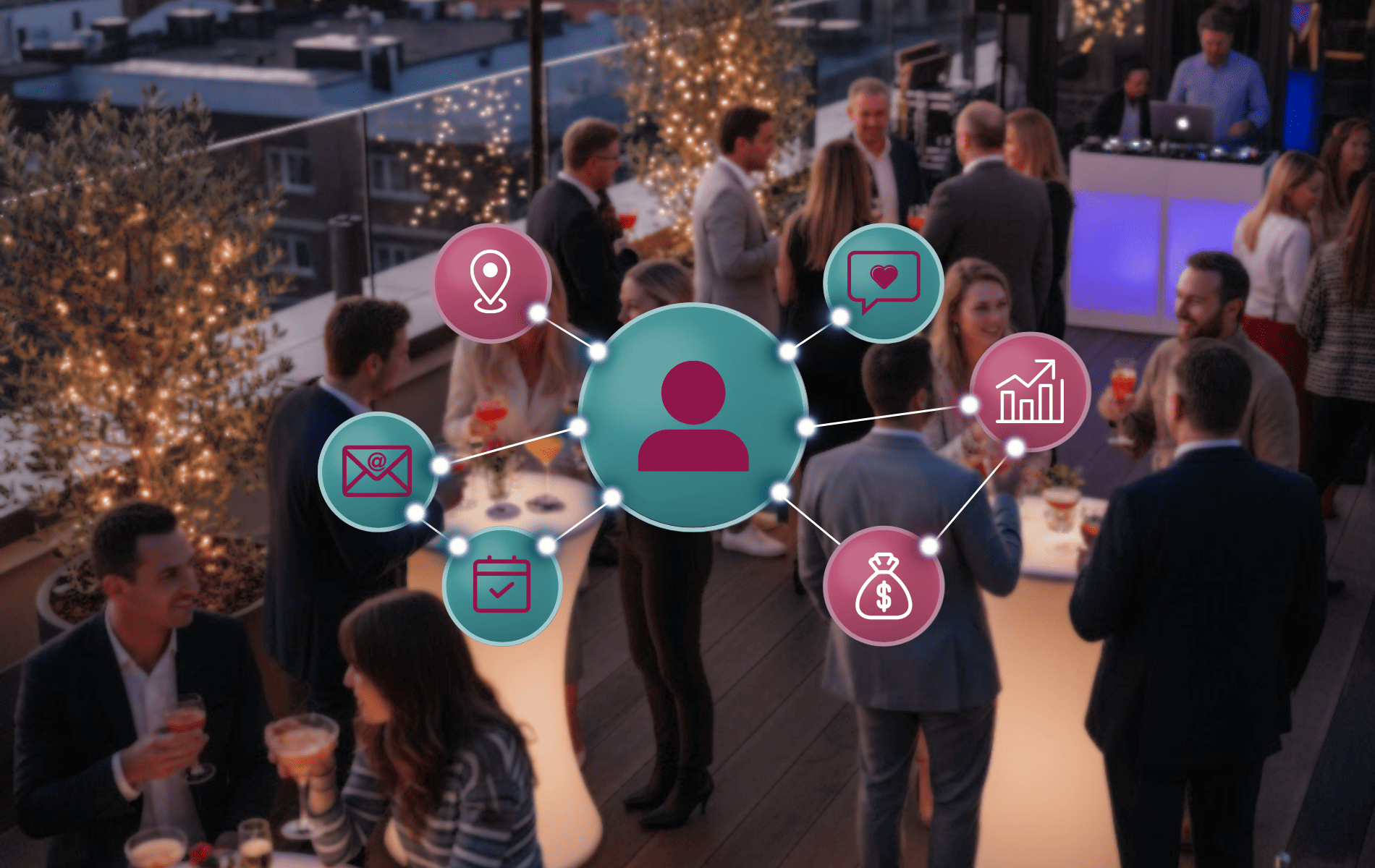 Daten-Symbole zeigen die Interaktionen zwischen den Teilnehmenden an.