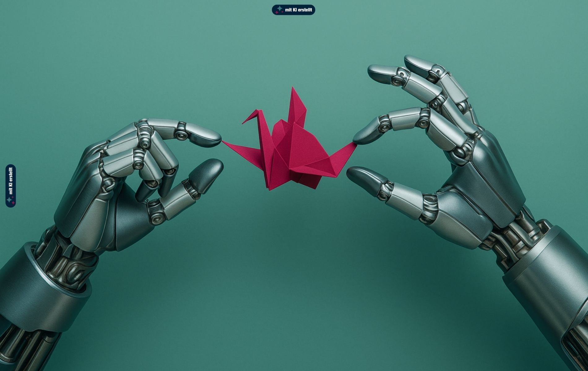Zwei Roboter Hände halten einen Origami-Kranich