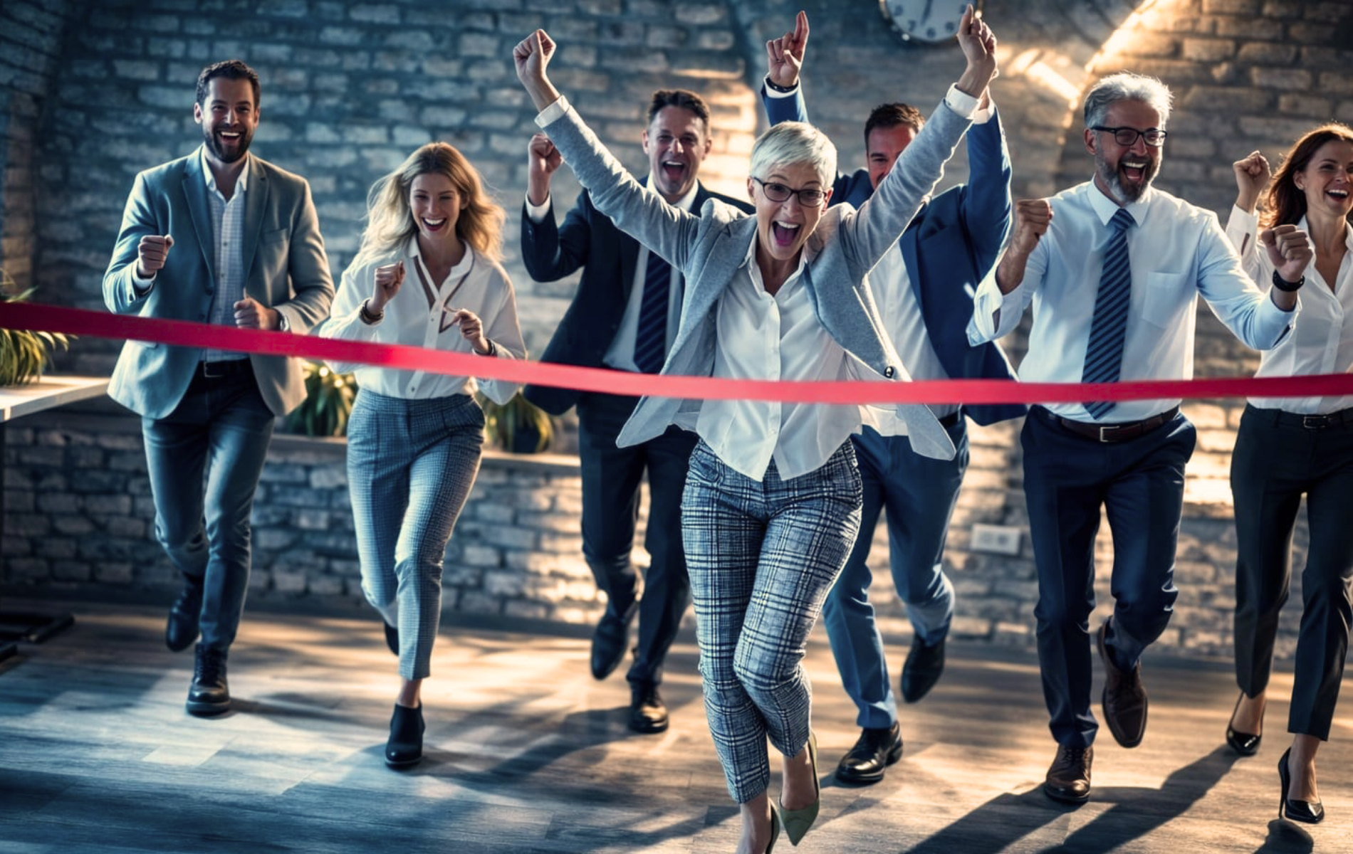 Ein Business-Team rennt mit Freue auf ein Ziel zu