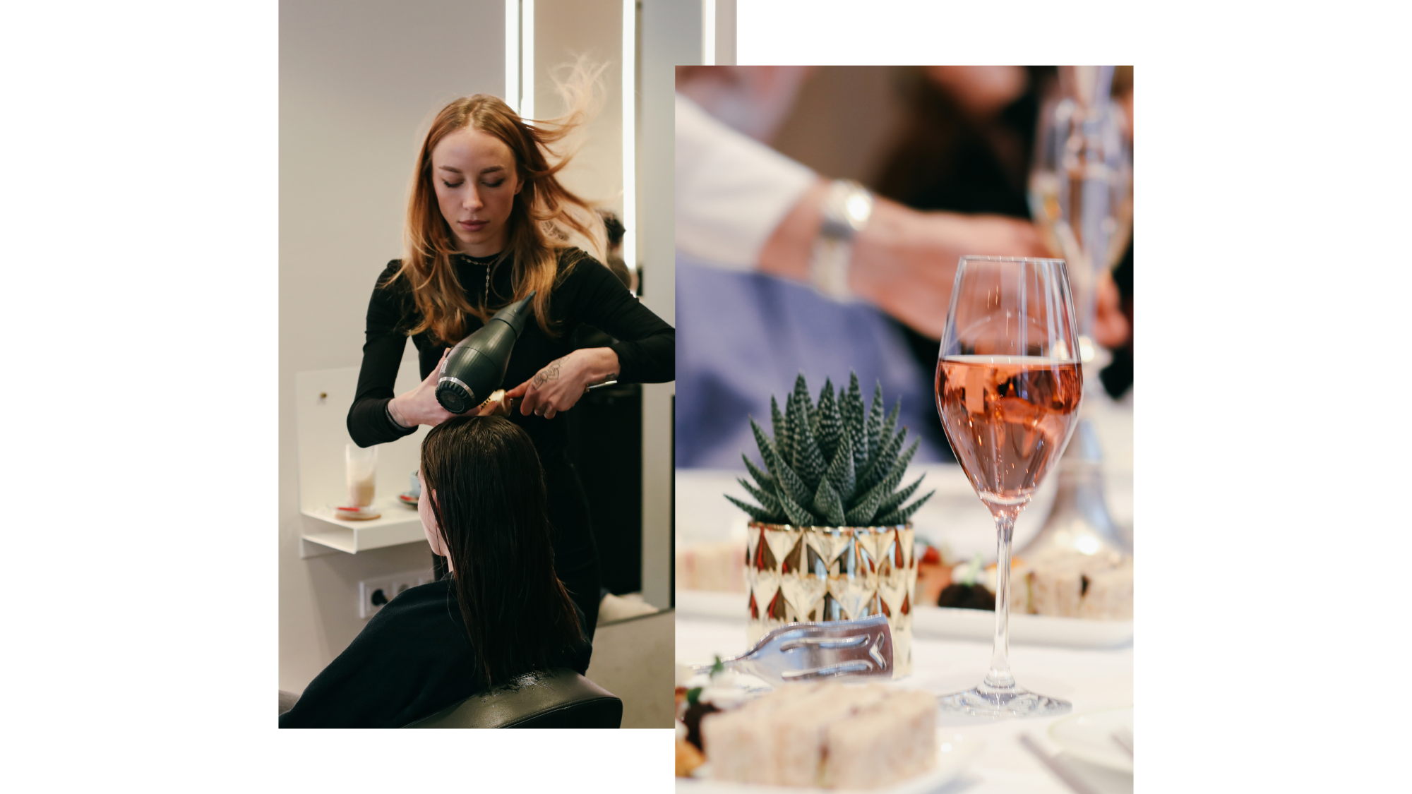 links eine Stylistin beim Föhnen der Haare und rechts ein Glas Champagner bei der Teatime im Adlon