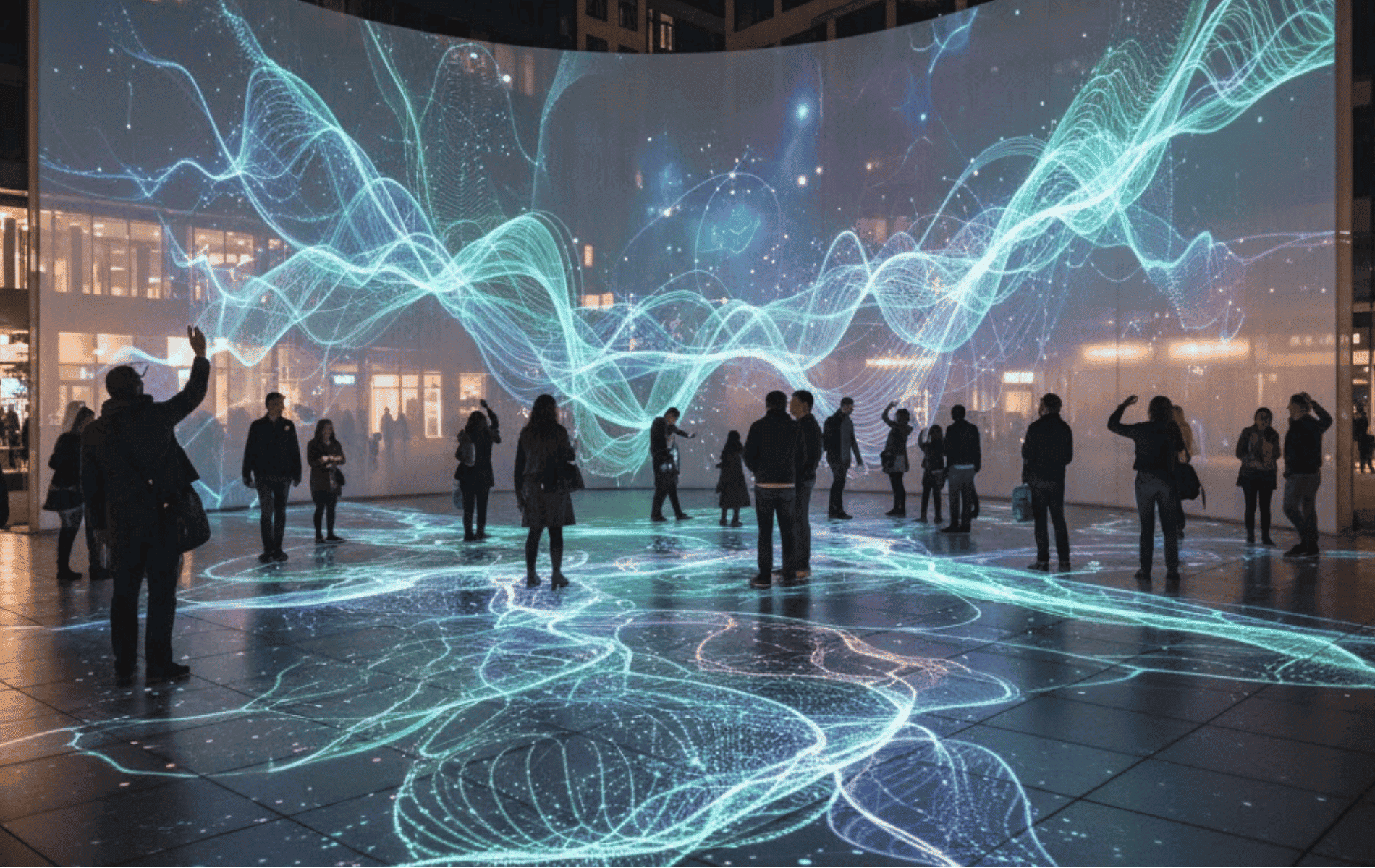 Gruppe von Menschen betrachtet eine immersive, interaktive Lichtinstallation