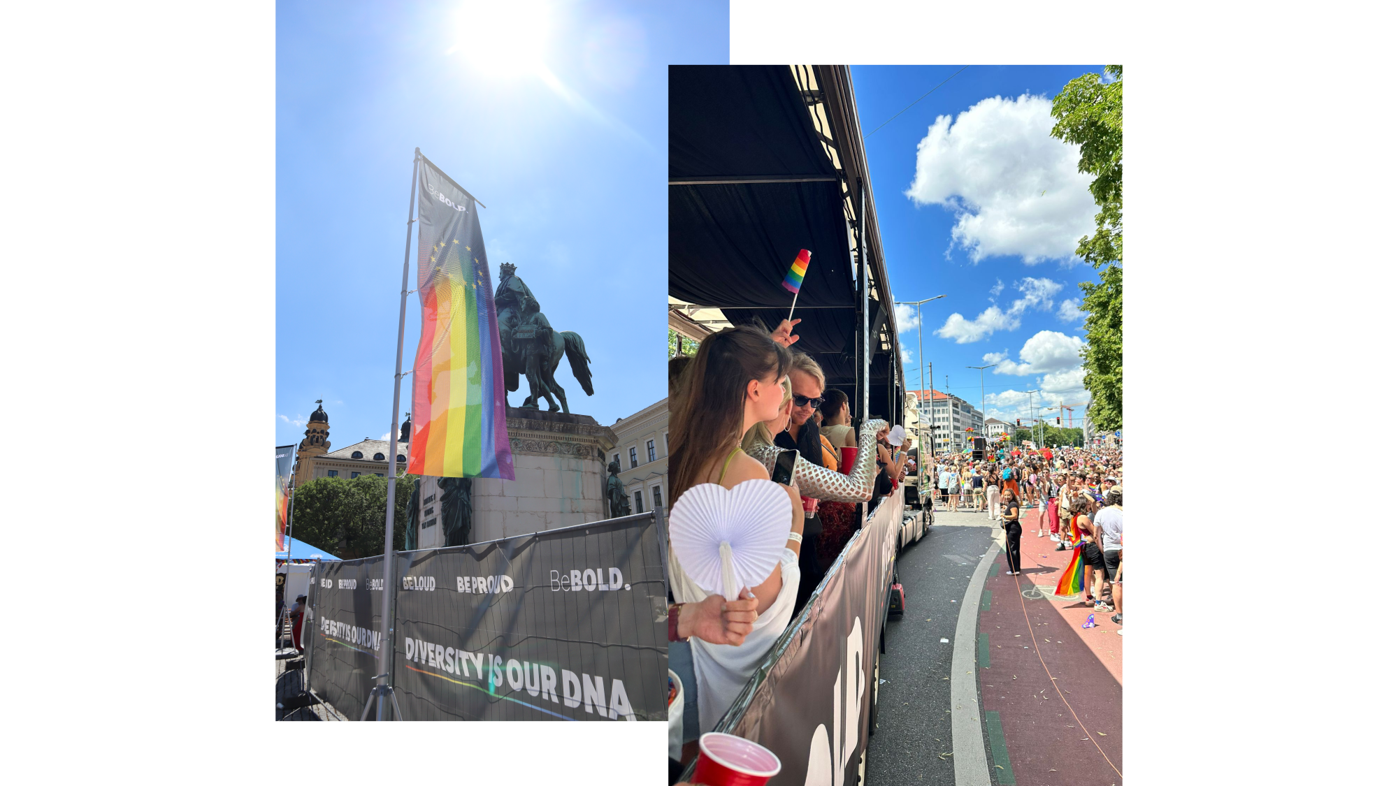 links eine Pride Flagge und ein Bauzaunbanner mit Branding vor dem Reiter Denkmal und rechts ein Bild von feiernden Menschen auf dem Truck