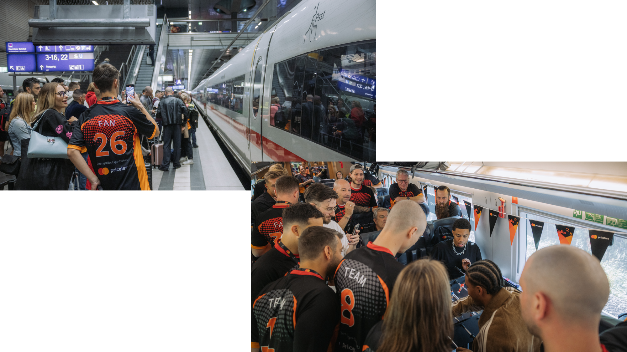 links die Fans und der einfahrende Zug rechts die Fans im Abteil mit gemeinschaftlichen Trikots