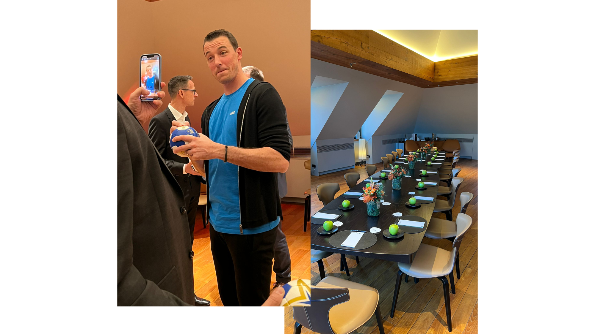 links der Speaker des Tages, ein Handballprofi und rechts die Tafel bevor die Gäste kamen