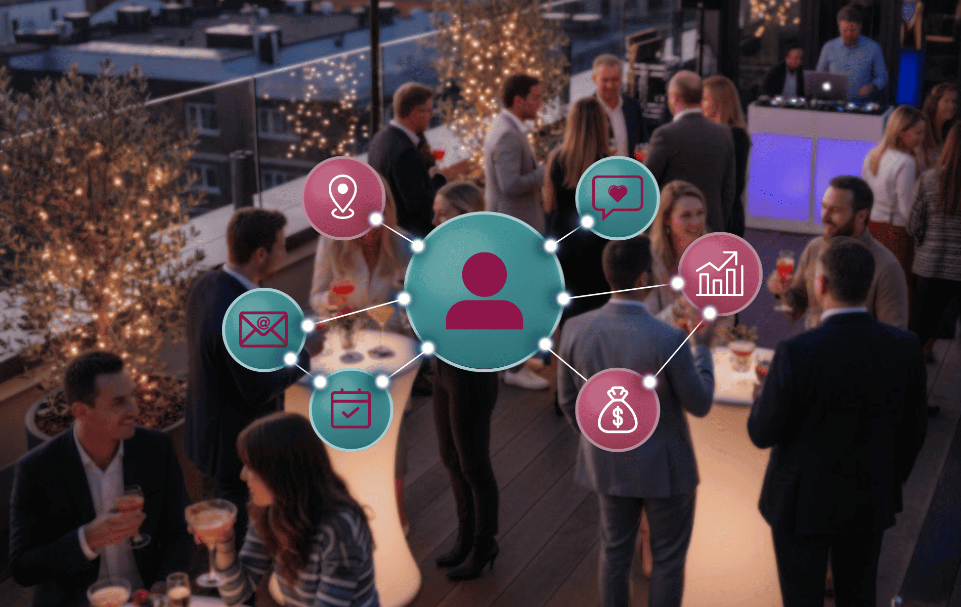 Eine grafische Darstellung mit verschiedenen Daten-Symbolen auf dem Hintergrund einer Networking-Veranstaltung
