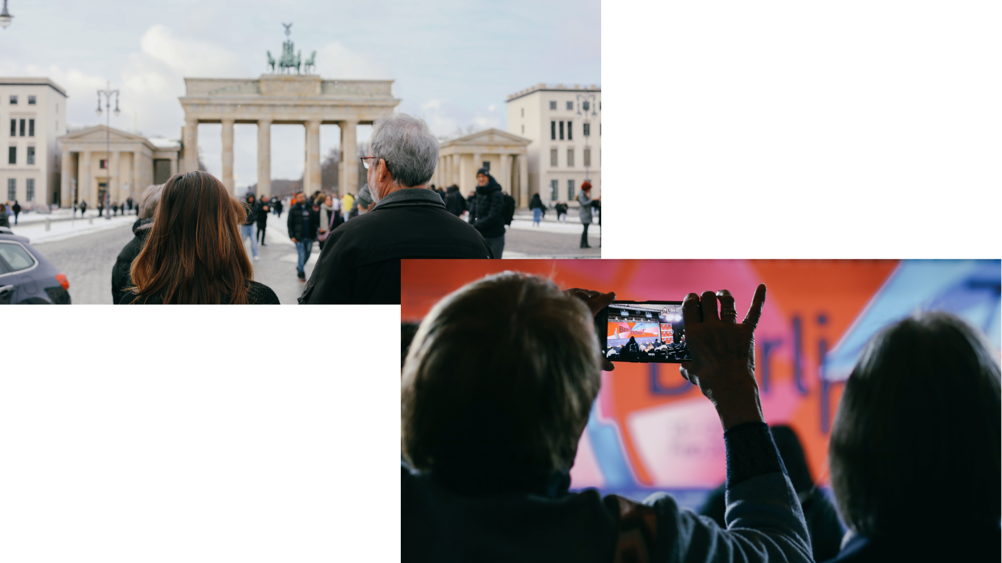 links zwei Gäste der Berlinale Experience vor dem Brandenburger Tor und rechts zwei Teilnehmerinnen die ein Foto mit dem Smartphone von der Pressekonferenz der Berlinale machen
