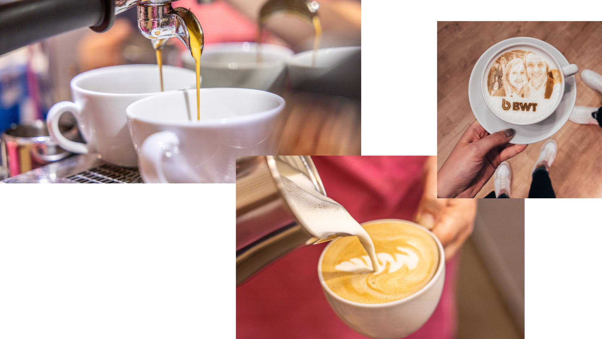 links zwei Espressi laufen gerade in die Tassen, in der Mitte wird mit Milch ein Blatt in den Kaffee gegossen und rechts ein Selfieccino mit Logo