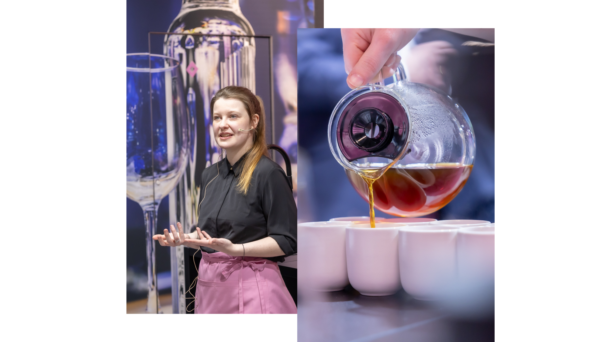 links June, die amtierende Brewers Champion bei einem Vortrag und rechts eine Kanne Filterkaffee